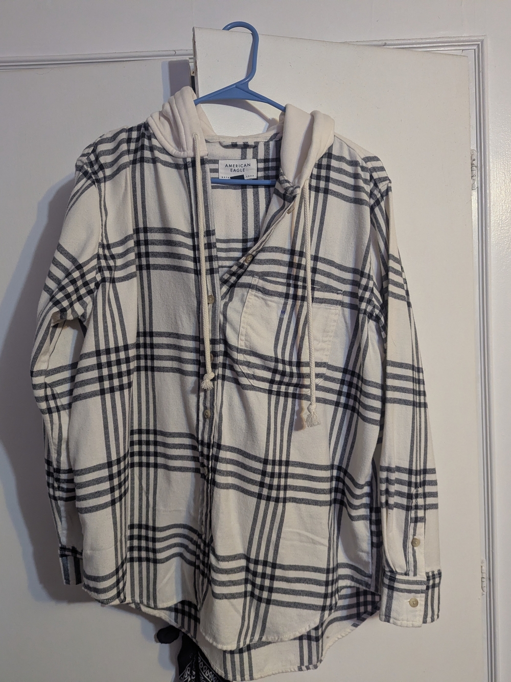 American Eagle Outfitters Womens Cream and Black Plaid Hooded Button-Down Shirt